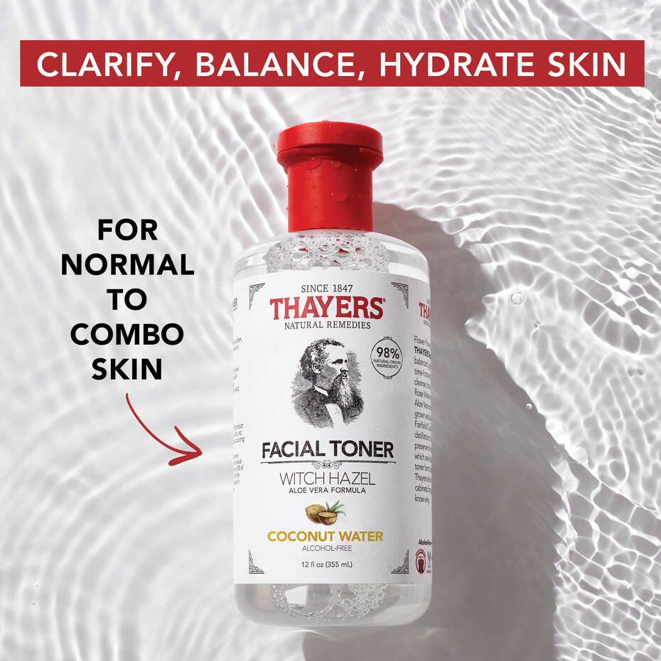 A bottle of THAYERS Facial Toner-Witch Hazel Aloe Vera Formula - Coconut Water 355ml, ideal for normal to combination skin, is set against rippling water. The text highlights its alcohol-free formula with Clarify, Balance, Hydrate Skin.