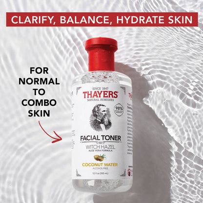 A bottle of THAYERS Facial Toner-Witch Hazel Aloe Vera Formula - Coconut Water 355ml, ideal for normal to combination skin, is set against rippling water. The text highlights its alcohol-free formula with Clarify, Balance, Hydrate Skin.