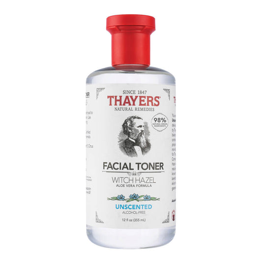 An unscented 355 mL THAYERS Facial Toner, featuring Witch Hazel and Aloe Vera, comes in a clear bottle with a red cap. The alcohol-free formula proudly displays Since 1847 on the label.