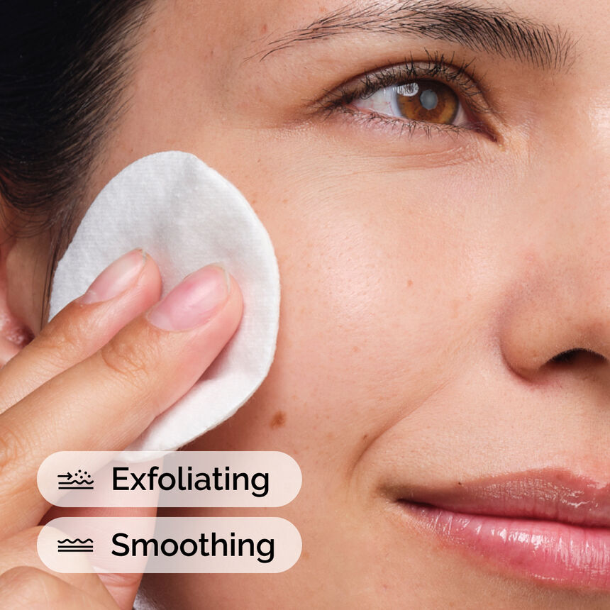 Person using a cotton pad on their face with text 'Exfoliating' and 'Smoothing'.