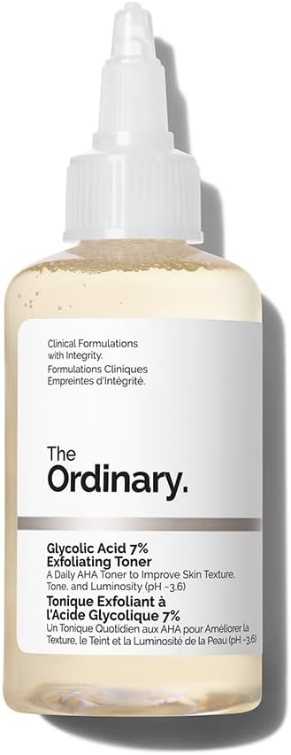 Bottle of The Ordinary glycolic acid toner on a white background
