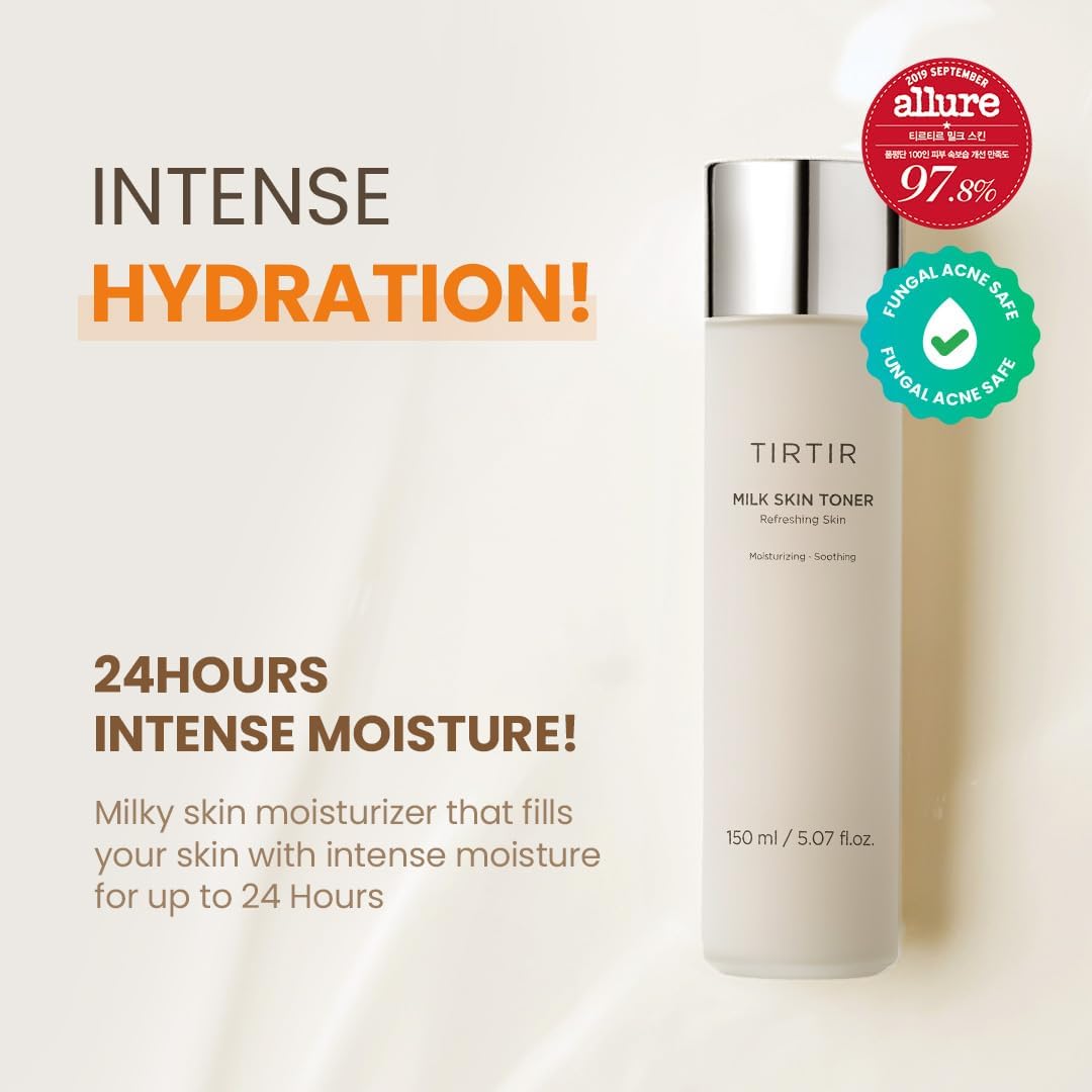 The TIRTIR Milk Skin Toner - 150ml is shown against a light background. This hydrating toner offers 24-hour moisture, suits all skin types, and includes Fungal Acne Safe and Allure badges on its packaging.