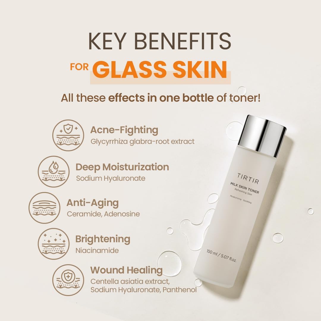 Image of TIRTIR Milk Skin Toner - 150ml on a beige background. Highlights include acne-fighting, deep moisturization, anti-aging, brightening, and wound healing. Key ingredients: Glycyrrhiza glabra-root extract and Sodium Hyaluronate. Suitable for all skin types, this toner is refreshing and nourishing.
