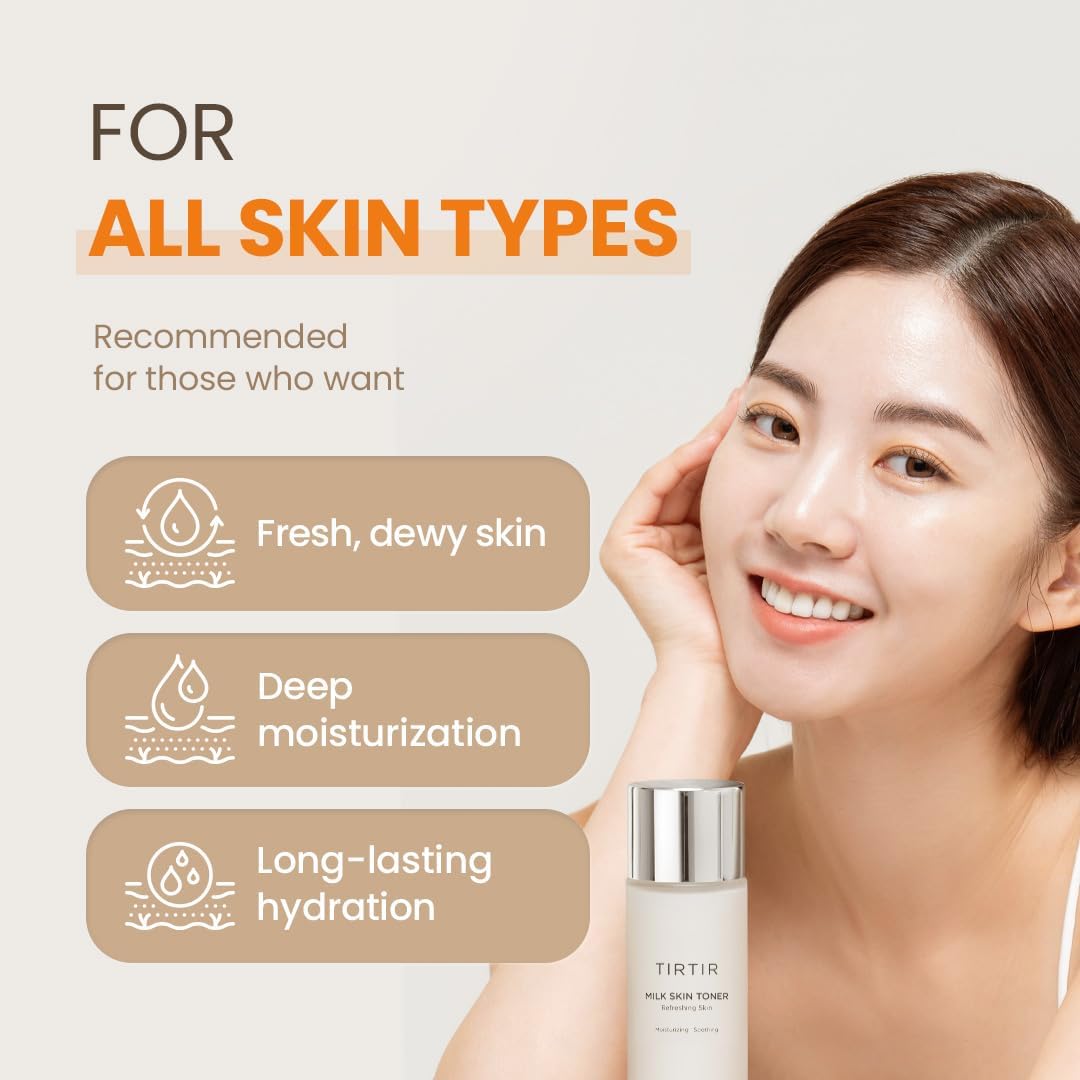 A smiling woman is shown with text promoting TIRTIR Milk Skin Toner - 150ml. The text says, Ideal for all skin types. Perfect for achieving fresh, dewy skin, with deep moisturization and long-lasting hydration.