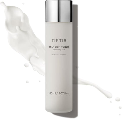The TIRTIR Milk Skin Toner - 150ml features a hydrating formula labeled Moisturizing, Soothing, Refreshing Skin and comes with a silver cap. Its white liquid texture is ideal for all skin types.