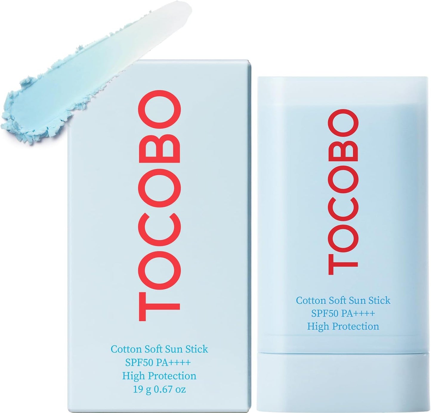 Light blue rectangular box and stick container labeled Tocobo in red. The text says Cotton Soft Sun Stick SPF50+ PA++++ High Protection 19g. A swipe of the light blue vegan sun stick is displayed on top.