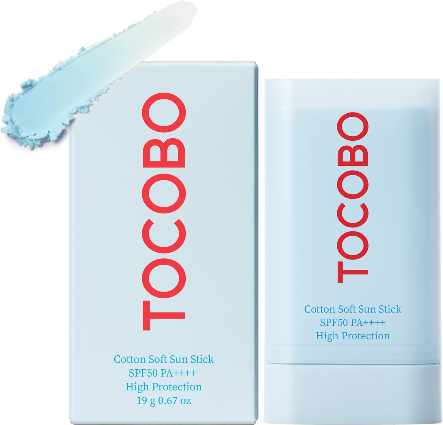 Light blue rectangular box and stick container labeled Tocobo in red. The text says Cotton Soft Sun Stick SPF50+ PA++++ High Protection 19g. A swipe of the light blue vegan sun stick is displayed on top.