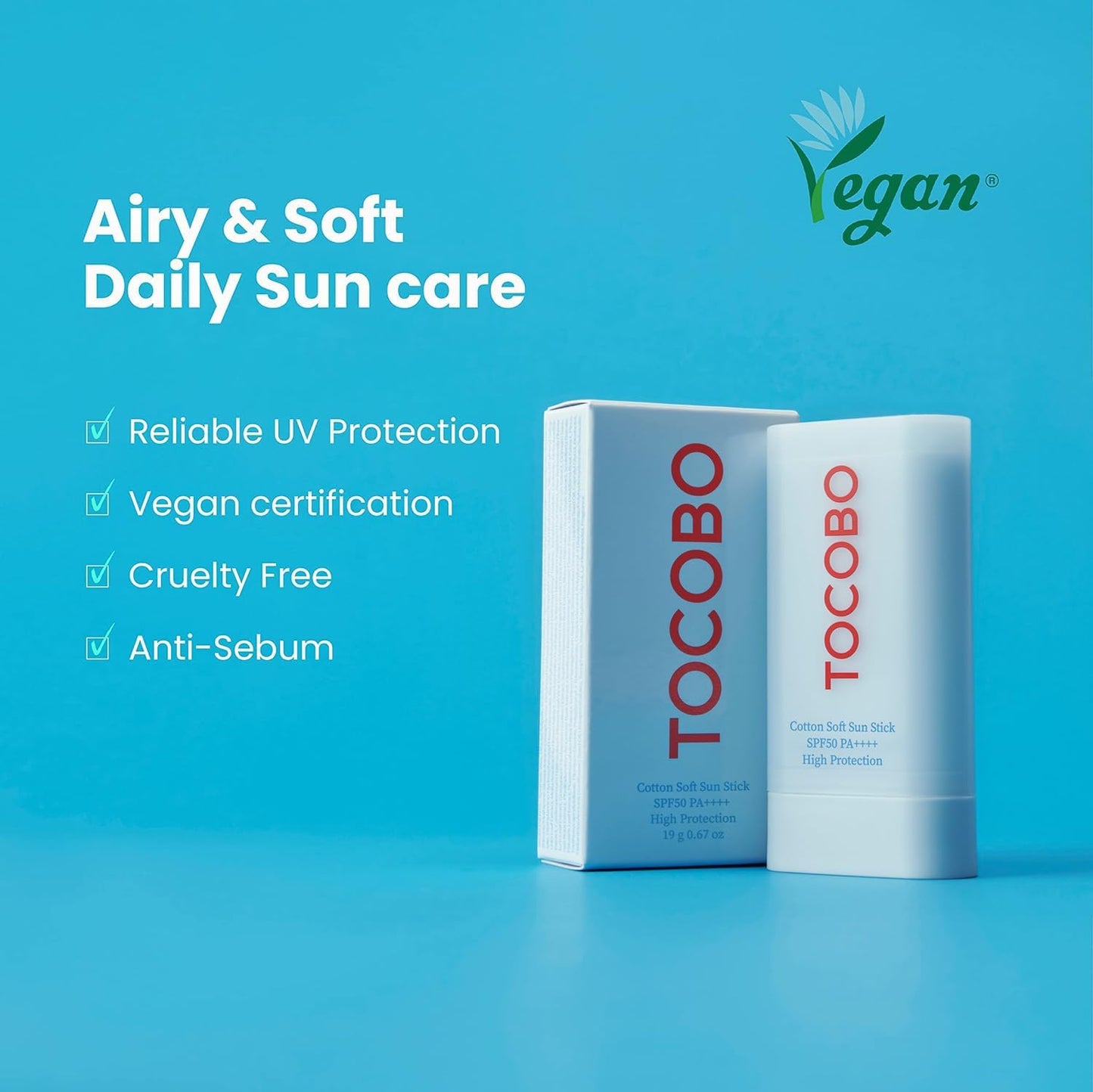 A Tocobo Cotton Soft Sun Stick SPF50+ PA++++ is shown against a blue background. Key features highlighted: Airy & Soft Daily Sun Care, Reliable UV Protection, Vegan Certified, Cruelty-Free, and Anti-Sebum. The sun sticks vegan logo is prominently displayed on top.