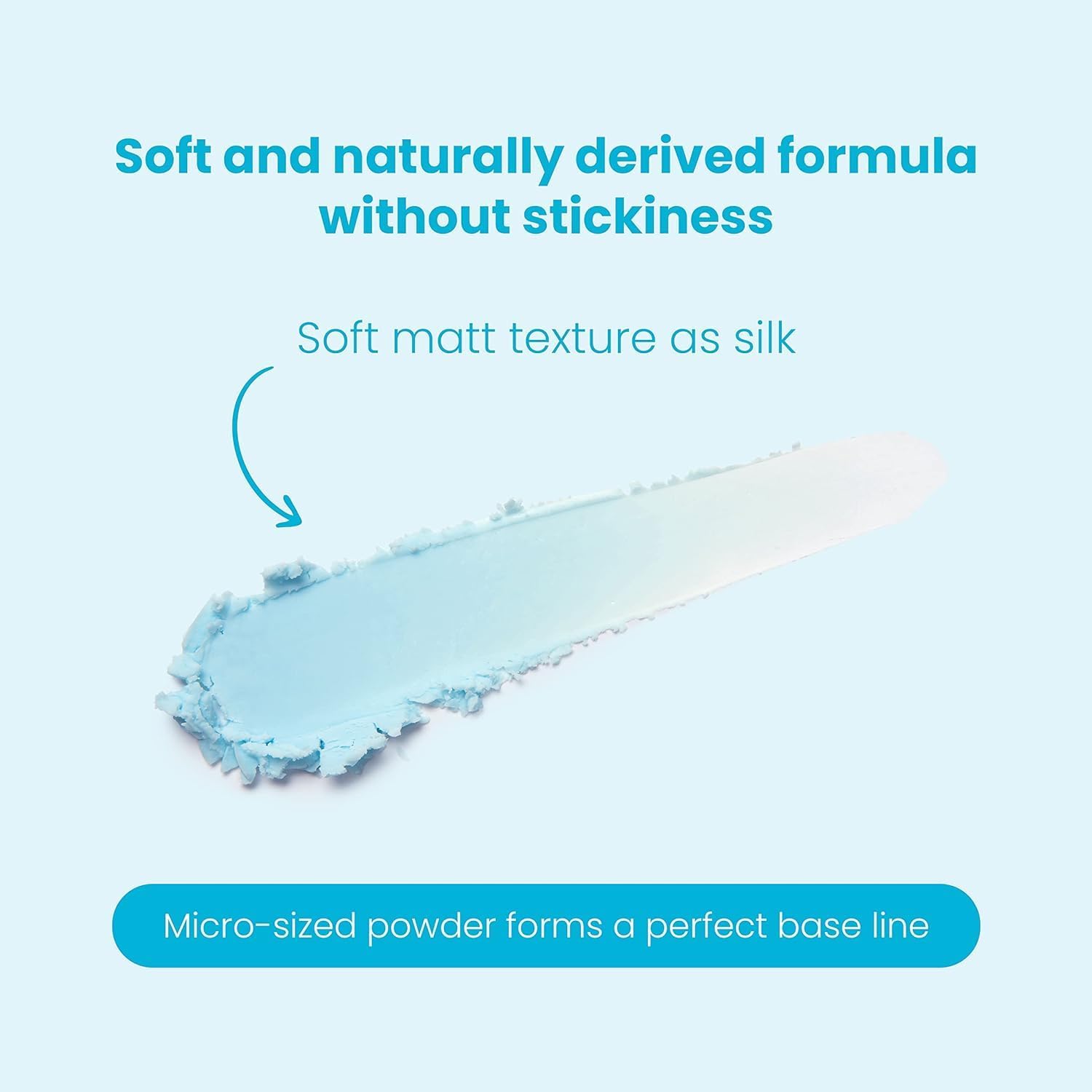 A light blue smear of Tocobo Cotton Soft Sun Stick SPF50+ PA++++ on a matching background highlights its soft matte texture. Text reads: Soft and naturally derived formula without stickiness, and Micro-sized powder forms a perfect base line.