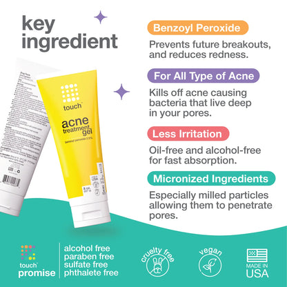 Touch Acne Treatment Gel with benzoyl peroxide for all types of acne. Key features: less irritation, micronized ingredients, alcohol-free, vegan, and cruelty free.