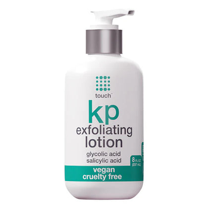 A white bottle of Touch KP Exfoliating Lotion with a pump dispenser. The label highlights key ingredients, glycolic acid and salicylic acid, and emphasizes that the product is vegan and cruelty-free. The bottle size is 8 fl. oz. (237 mL).