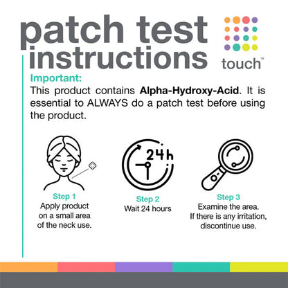 An infographic providing patch test instructions for Touch KP Exfoliating Lotion. It emphasizes the importance of testing the product due to its Alpha-Hydroxy Acid content. Steps include applying the product to a small area, waiting 24 hours, and checking for irritation before full use. The design includes icons of a person applying lotion, a 24-hour clock, and a magnifying glass.