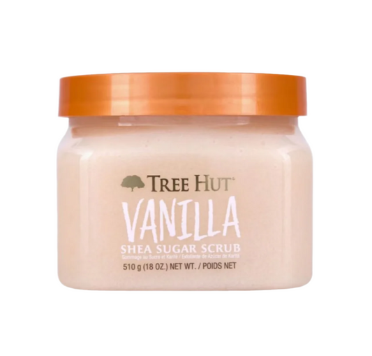 A jar of Tree Hut Shea Sugar Body Scrub - Vanilla 510g with an orange lid offers a luxurious exfoliating experience, featuring shea butter and displaying its name and weight (18 oz) on the label.