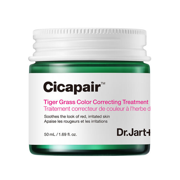The Dr.Jart+ Cicapair Tiger Grass Color Correcting Treatment 50ml soothes and corrects red, irritated skin, helping calm your complexion. Comes in a green and white jar from Dr.Jart+.