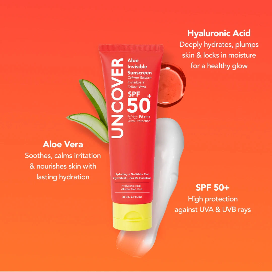 Uncover Aloe Invisible Sunscreen SPF 50+ tube on an orange background with product details.