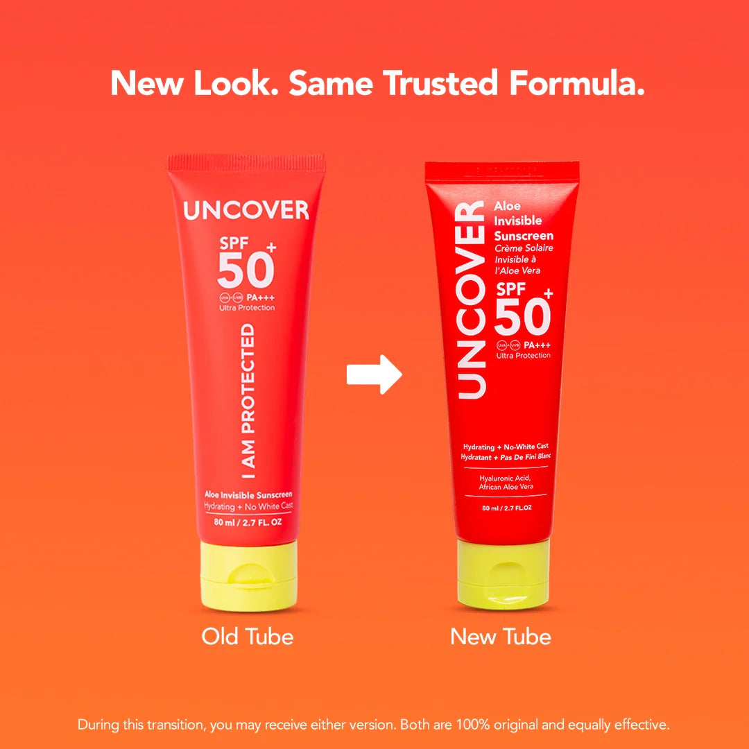 Comparison of old and new Uncover sunscreen tubes on an orange background