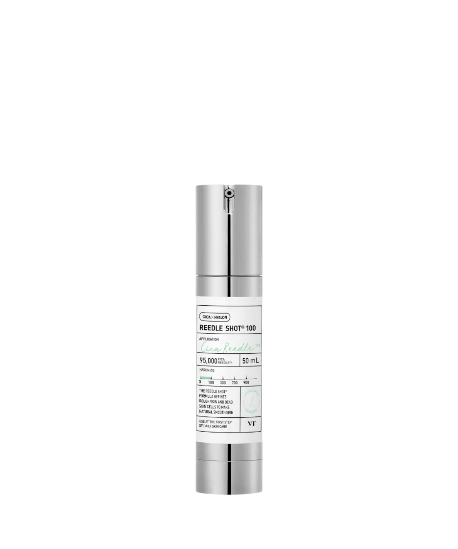 The sleek silver cylindrical bottle of VTs Reedle Shot 100 Anti Aging Face Serum, featuring green and black text, includes a modern pump dispenser. It boasts CICA for enhanced hydration against a clean white background.