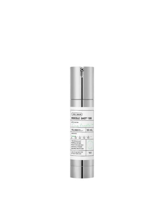 The sleek silver cylindrical bottle of VTs Reedle Shot 100 Anti Aging Face Serum, featuring green and black text, includes a modern pump dispenser. It boasts CICA for enhanced hydration against a clean white background.
