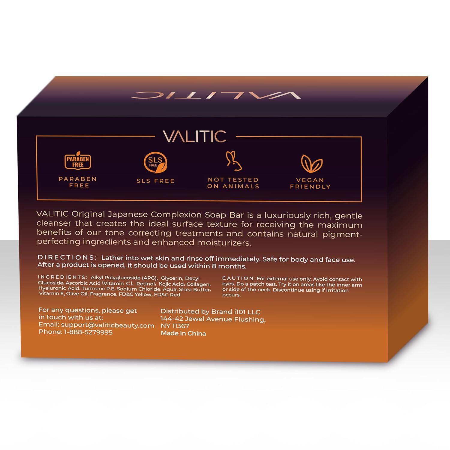 A box of VALITIC Kojic Acid Dark Spot Remover Soap with Retinol and Turmeric, featuring product details, usage directions, contact info, and labels showing its paraben-free, SLS-free, vegan friendly, and not tested on animals.