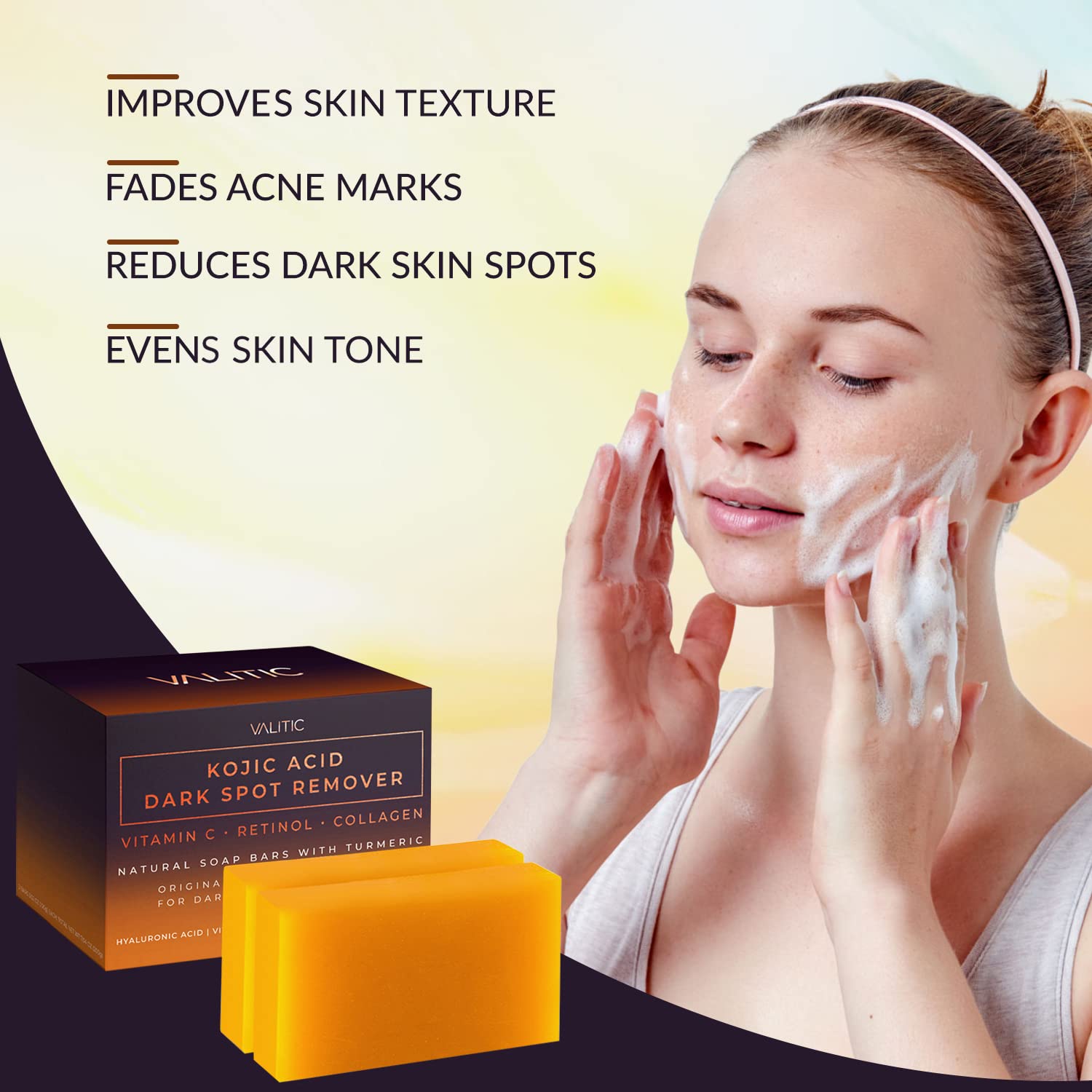 A woman gently washes her face with VALITIC Kojic Acid Dark Spot Remover Soap with Retinol & Turmeric. Text highlights benefits: improves texture, fades acne marks, reduces dark spots, evens tone. Product box and bar appear in the foreground.