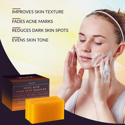 A woman gently washes her face with VALITIC Kojic Acid Dark Spot Remover Soap with Retinol & Turmeric. Text highlights benefits: improves texture, fades acne marks, reduces dark spots, evens tone. Product box and bar appear in the foreground.
