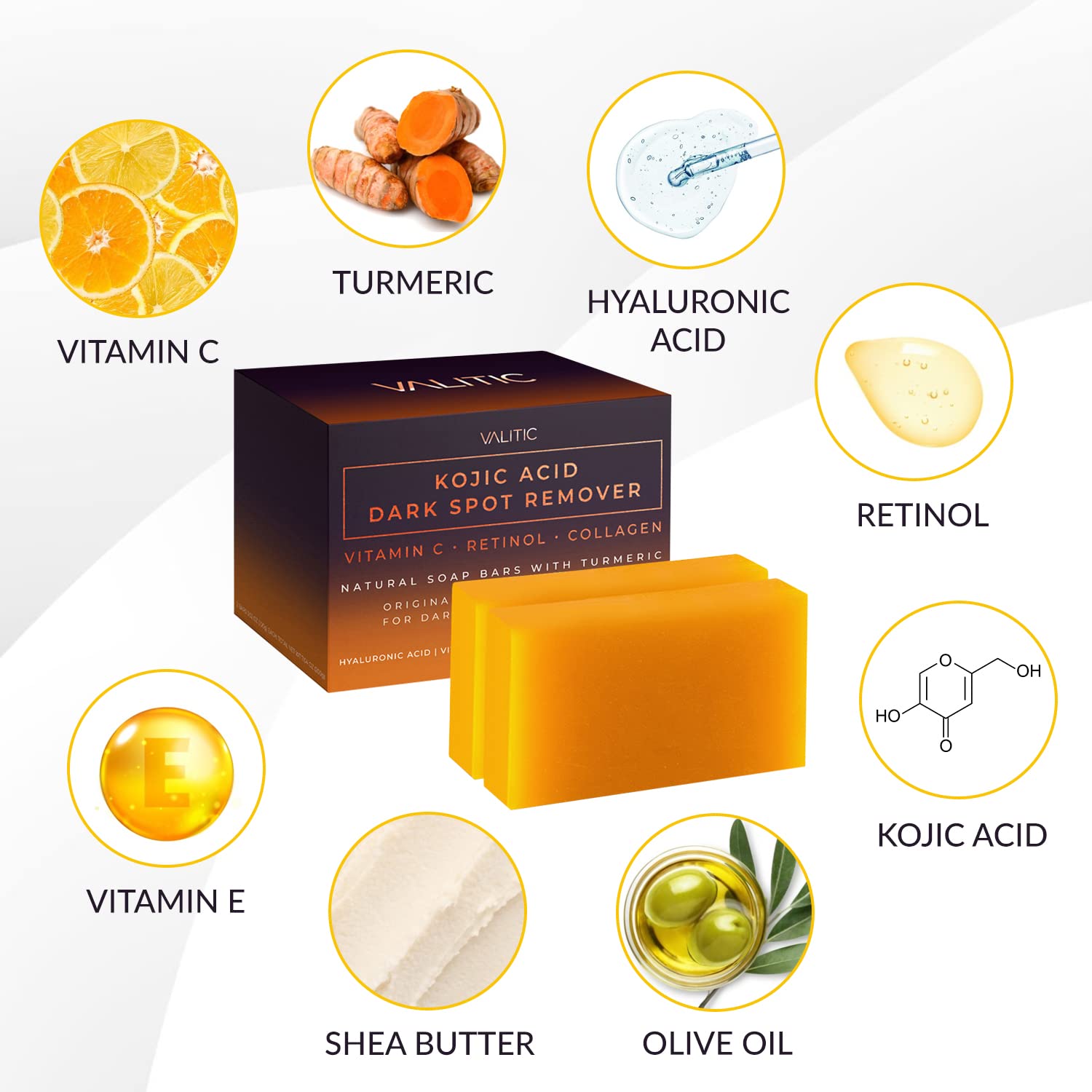 An orange VALITIC Kojic Acid Dark Spot Remover Soap with Retinol and Turmeric is shown, featuring ingredients like Vitamin C, retinol, turmeric, hyaluronic acid, vitamin E, shea butter, olive oil, and kojic acid around it.