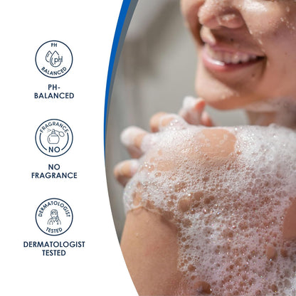 Person applying soap with product features on the left