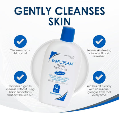 Vanicream Gentle Body Wash bottle with text highlighting its benefits on a white background