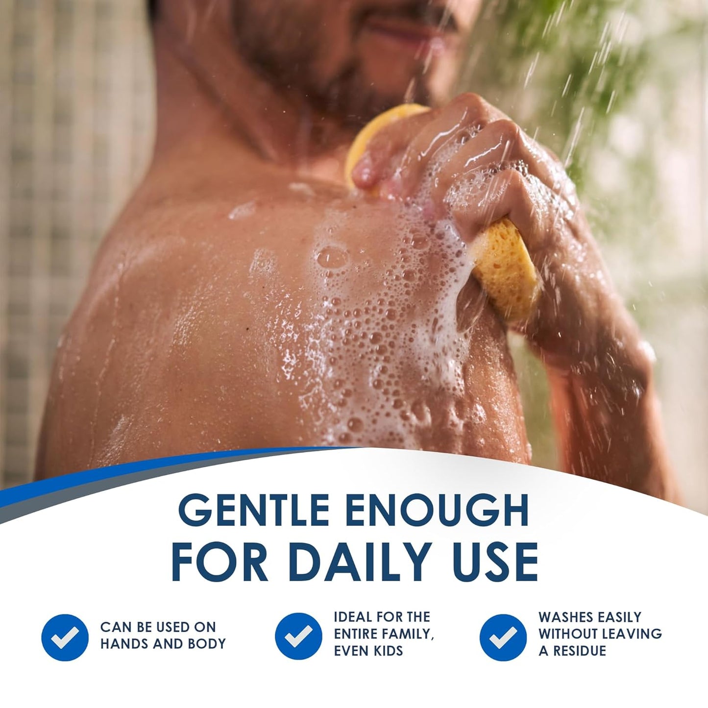 Person washing with a sponge under running water, with text about product suitability for daily use.