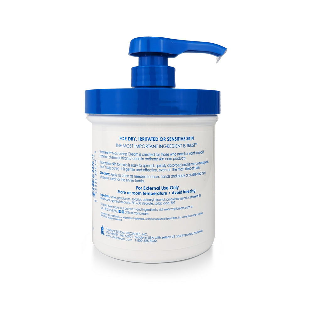 White jar with blue pump lid on a white background