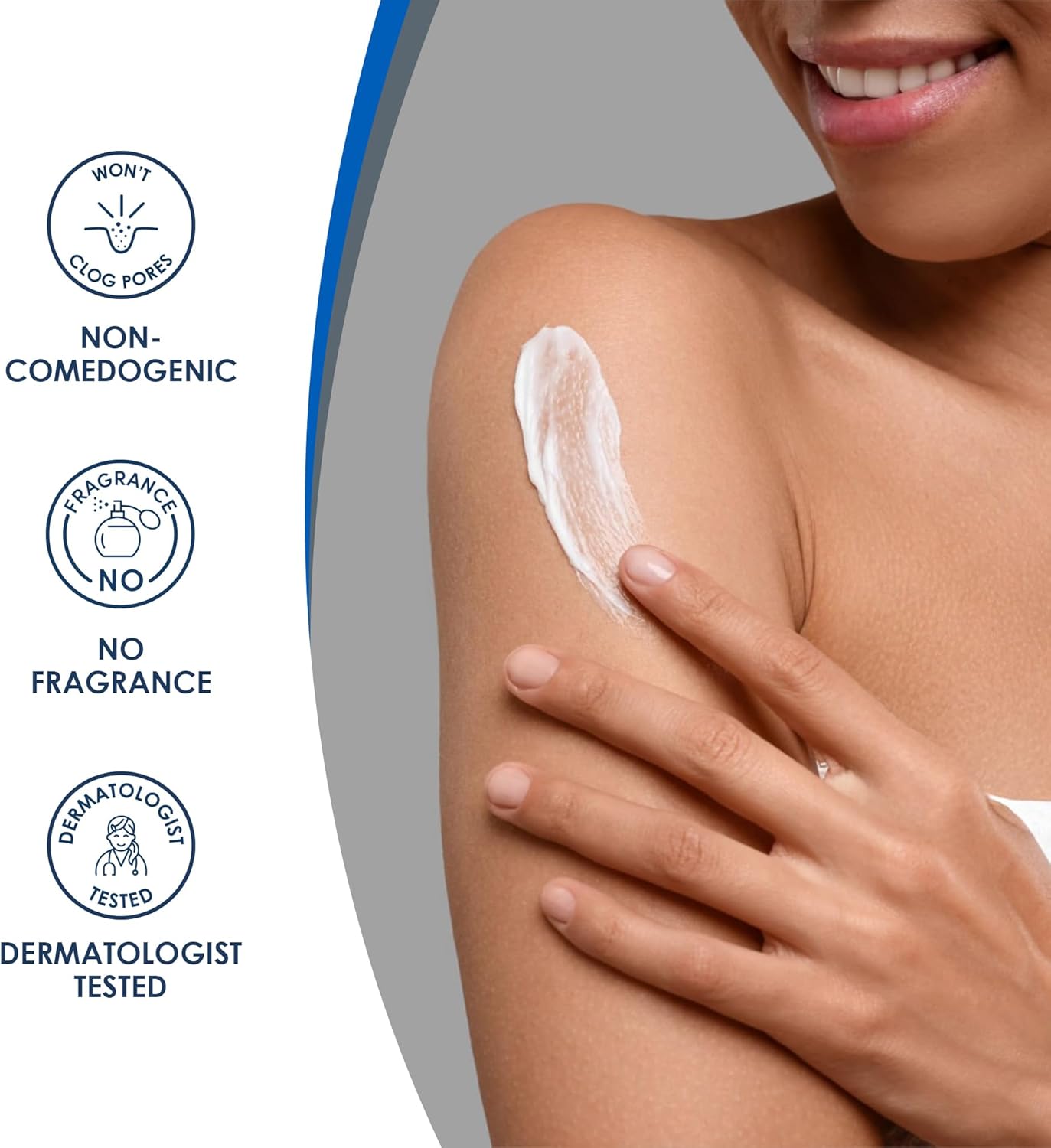 Person applying cream to their arm with product features listed on the left.
