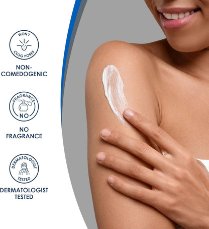 Person applying cream to their arm with product features listed on the left.