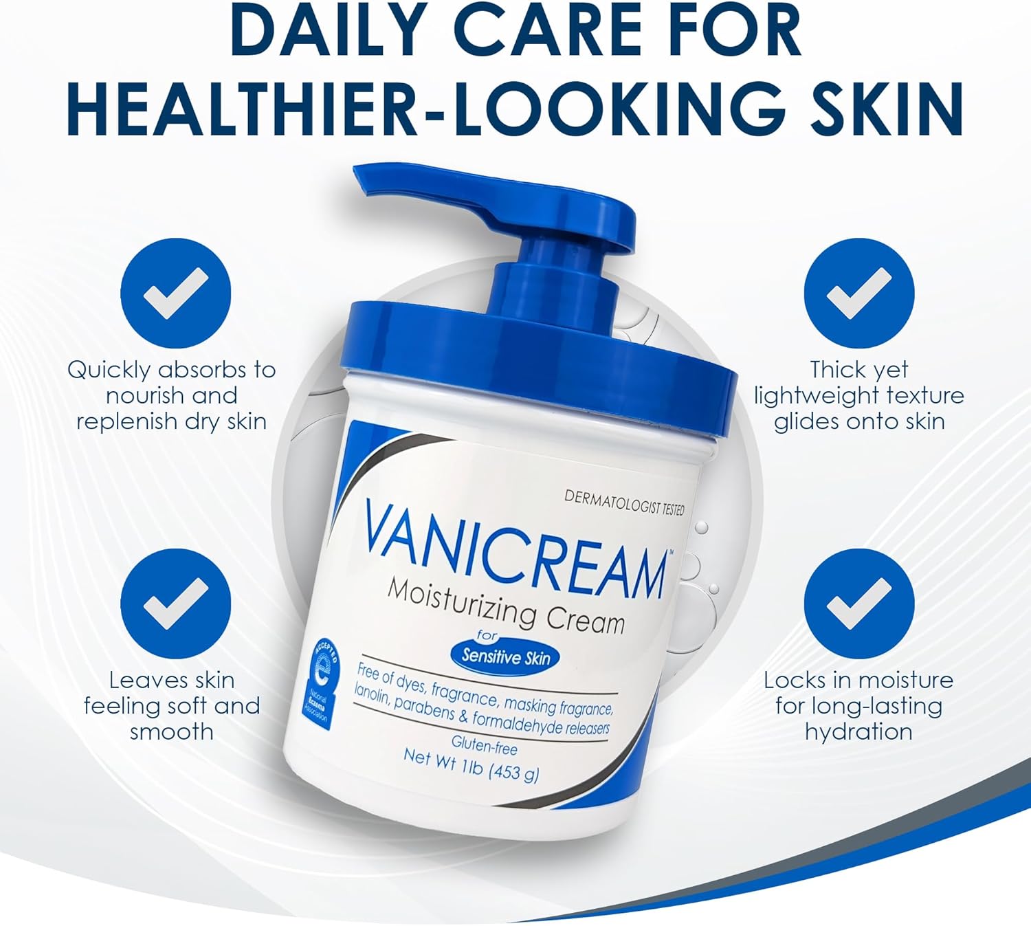 Vanicream moisturizing cream with features listed on a white background