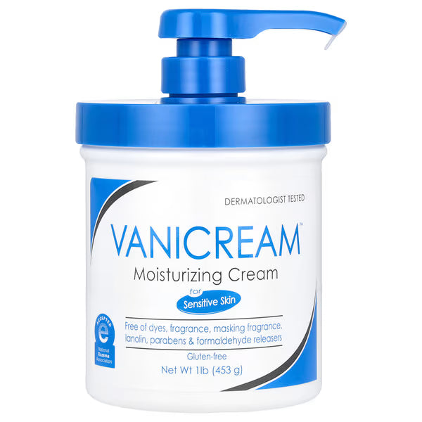 Vanicream moisturizing cream jar with blue pump on a white background