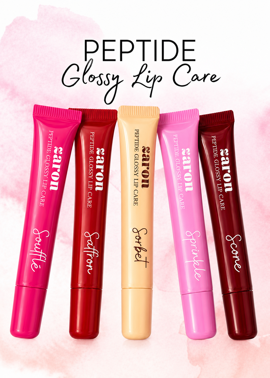 Five lip care tubes labeled 'Zaron' arranged in a row on a soft pink watercolor background, with the text 'PEPTIDE Glossy Lip Care' above them. The tubes come in bright pink, deep red, pale beige, light pink, and dark burgundy.