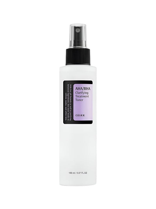 The 150ml COSRX AHA/BHA Clarifying Treatment Toner comes in a sleek white bottle with a black label and spray nozzle. Designed to exfoliate and target congested pores, the label highlights its key attributes for effective use.
