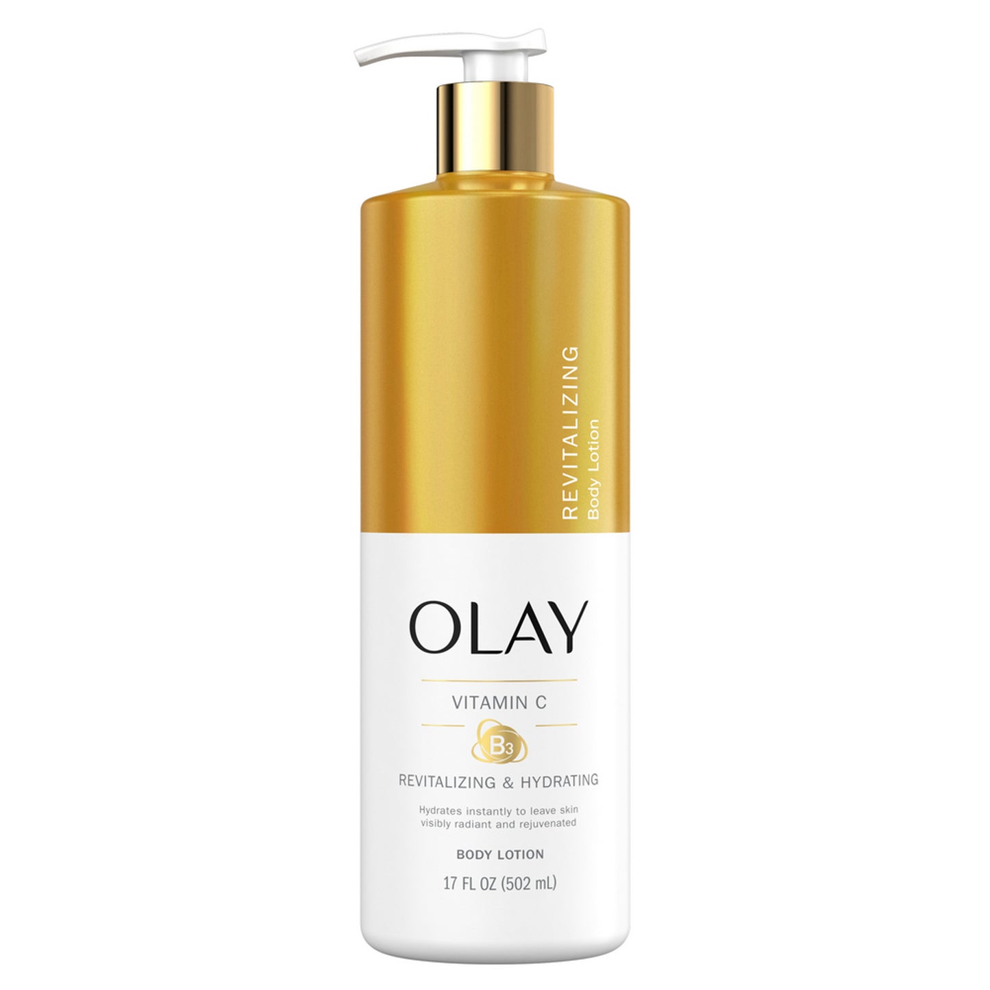 A 17 fl oz OLAY Revitalizing & Hydrating Body Lotion with Vitamin C features rejuvenating hydration. The bottle is gold on top, white below, showcases the OLAY logo and details, and includes a pump dispenser.