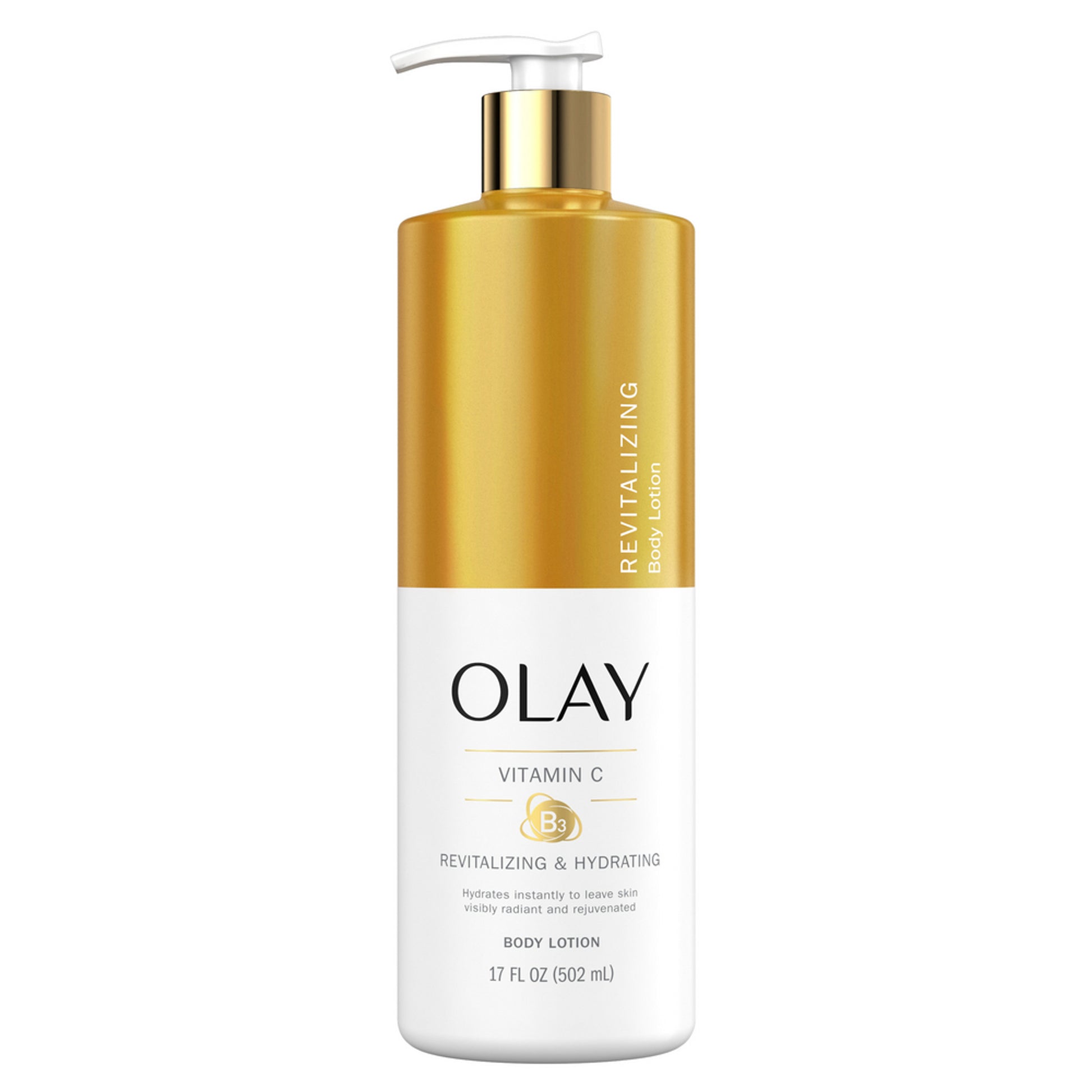 A 17 fl oz OLAY Revitalizing & Hydrating Body Lotion with Vitamin C features rejuvenating hydration. The bottle is gold on top, white below, showcases the OLAY logo and details, and includes a pump dispenser.