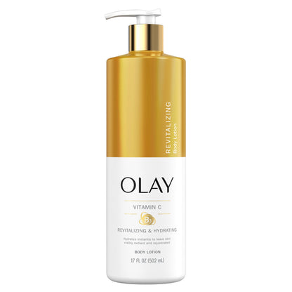 A 17 fl oz OLAY Revitalizing & Hydrating Body Lotion with Vitamin C features rejuvenating hydration. The bottle is gold on top, white below, showcases the OLAY logo and details, and includes a pump dispenser.