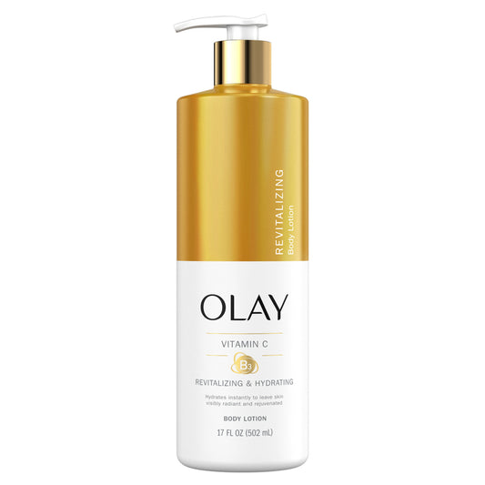 A 17 fl oz OLAY Revitalizing & Hydrating Body Lotion with Vitamin C features rejuvenating hydration. The bottle is gold on top, white below, showcases the OLAY logo and details, and includes a pump dispenser.