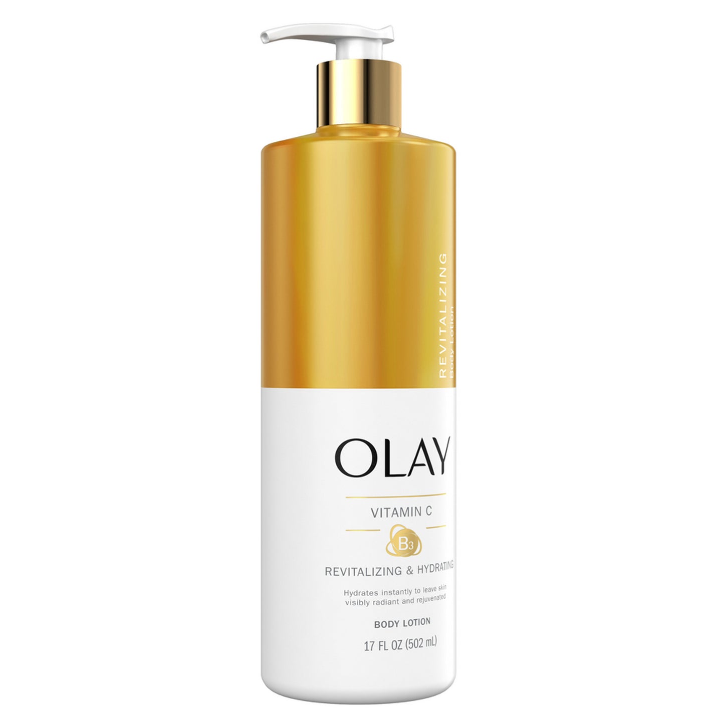 A tall pump bottle of OLAY Revitalizing & Hydrating Body Lotion with Vitamin C, featuring a gold and white design, holds 17 fl oz (502 ml) and boasts Rejuvenating Hydration with the Vitamin B3 Complex.