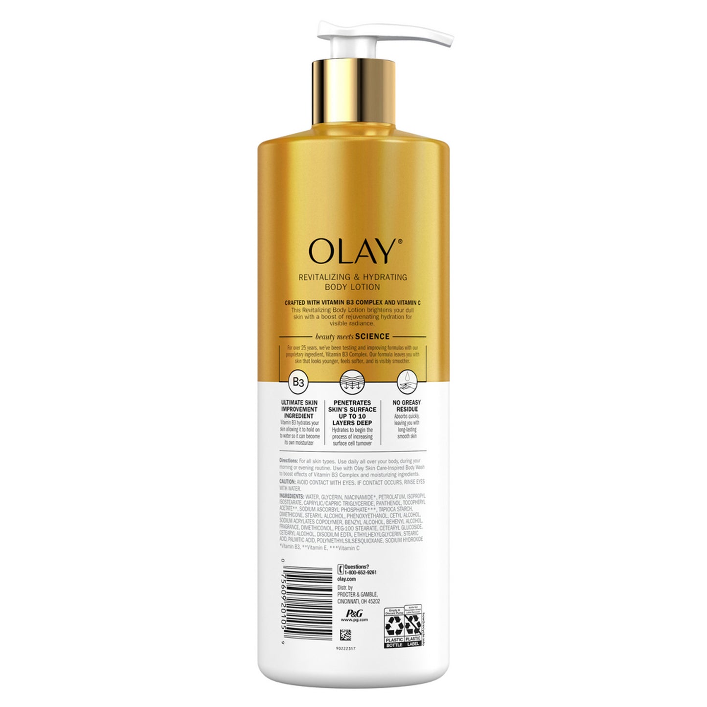 The OLAY Revitalizing & Hydrating Body Lotion with Vitamin C, 17 fl oz, features a golden and white design with a white pump dispenser. It highlights Vitamin B3 Complex, collagen, and Vitamin E for rejuvenating hydration and claims of instant and long-lasting moisture.