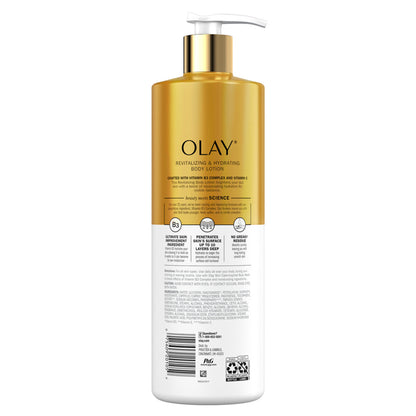 The OLAY Revitalizing & Hydrating Body Lotion with Vitamin C, 17 fl oz, features a golden and white design with a white pump dispenser. It highlights Vitamin B3 Complex, collagen, and Vitamin E for rejuvenating hydration and claims of instant and long-lasting moisture.