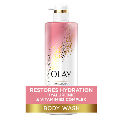 Olay Cleansing & Nourishing Body Wash features a pink and white gradient design with gold sparkles. It boasts Restores Hydration text, enriched with vitamin B3 complex and hyaluronic acid for soft, supple skin from the OLAY brand.