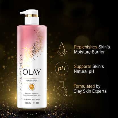 The Olay Cleansing & Nourishing Body Wash with Vitamin B3 & Hyaluronic Acid (20 fl oz) features a luxurious white and pink design with a gold cap. It expertly replenishes moisture and supports pH, enhanced by golden sparkles to highlight its opulence.