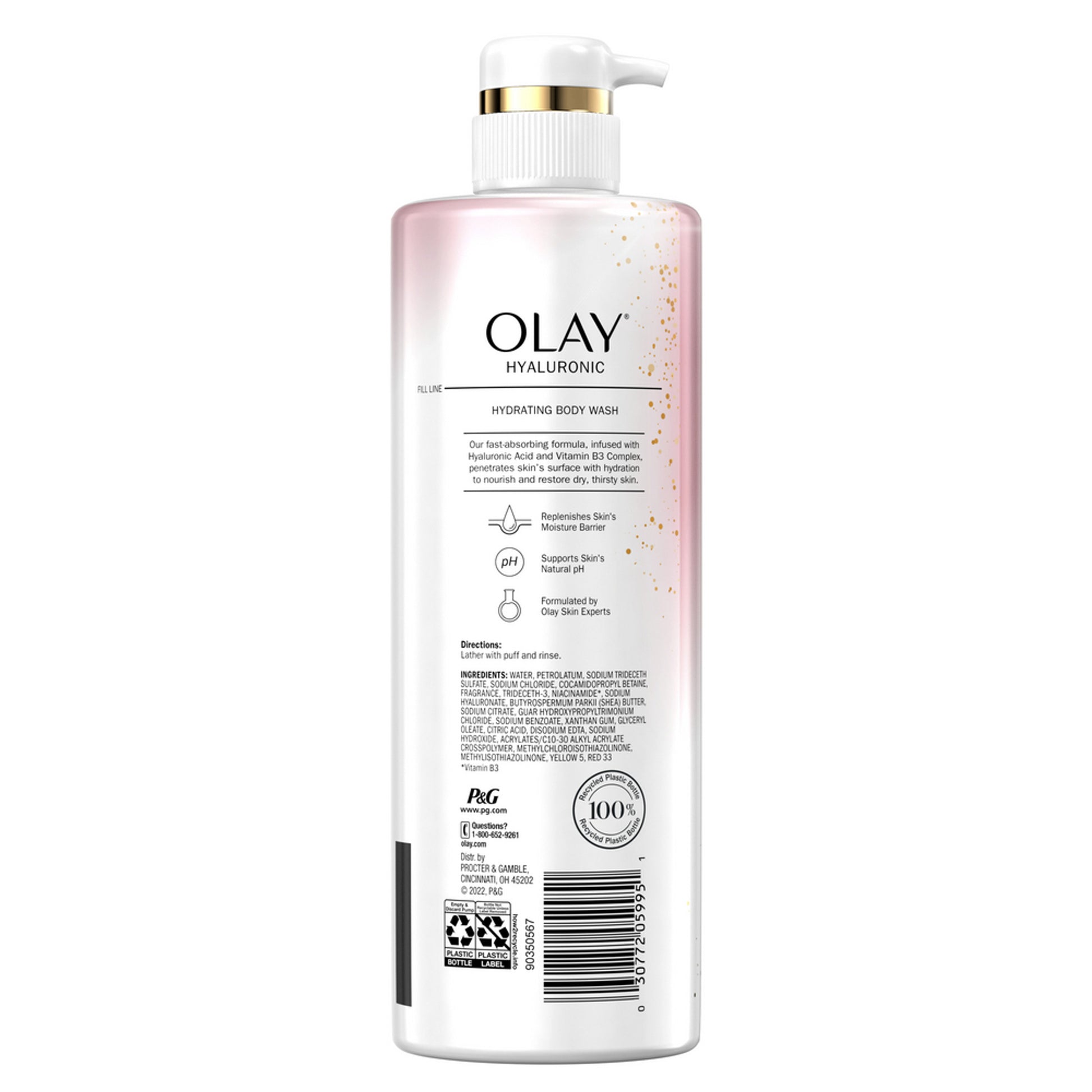 The OLAY Cleansing & Nourishing Body Wash features a pump dispenser and includes Vitamin B3 and Hyaluronic Acid for moisture-retaining, nourished skin. Its sleek, mainly white design with pink accents adds elegance.