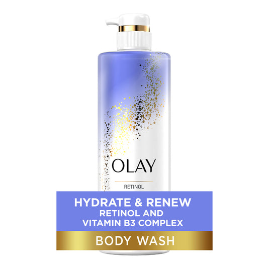 A tall bottle of Olay Cleansing & Renewing Nighttime Body Wash with Vitamin B3 and Retinol features blue gradients with gold specks. The label reads Hydrate & Renew Retinol and Vitamin B3 Complex Body Wash, and it comes with a white pump dispenser.