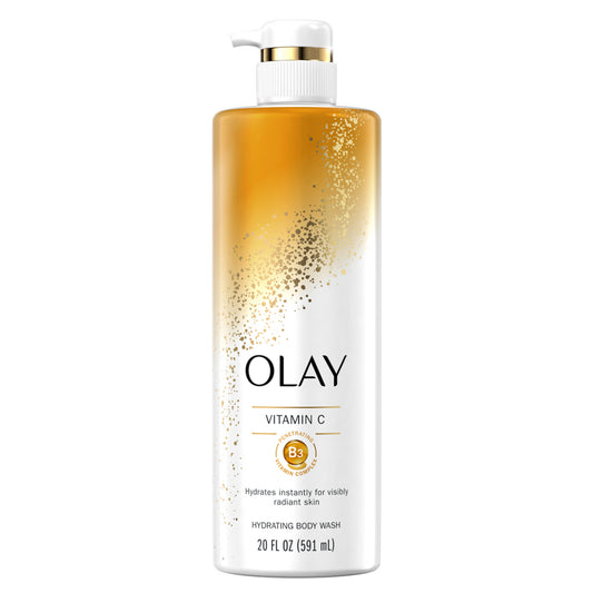 A 20 fl oz (591 ml) bottle of OLAY Cleansing & Nourishing Body Wash with Vitamin B3 and Vitamin C, featuring a pump dispenser. The design includes a gold gradient on a white background with elegantly printed details.
