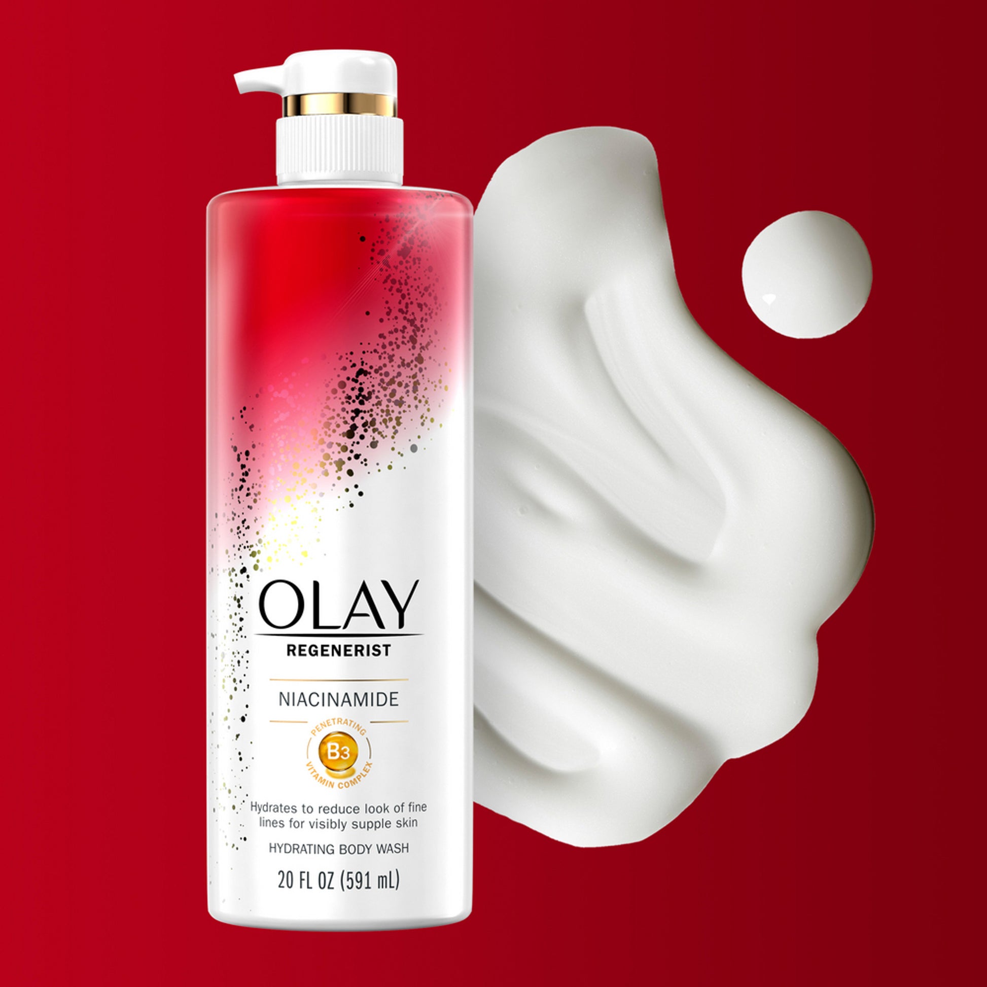 An OLAY Age Defying Womens Body Wash bottle with niacinamide (20 fl oz) sits against a red background. The label emphasizes its age-defying benefits. A nearby swatch reveals its creamy texture.