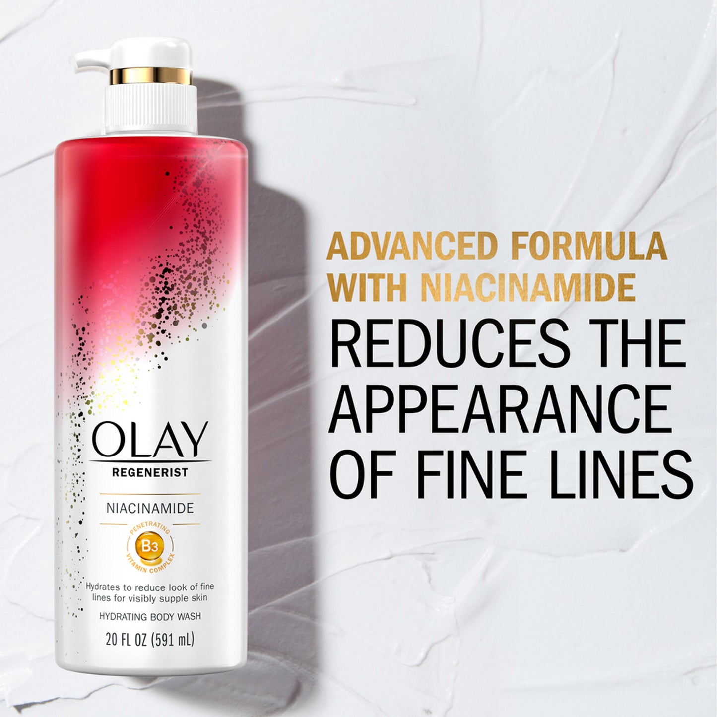 A 20 fl oz (591 mL) bottle of Olay Age Defying Womens Body Wash with Niacinamide features a promise to reduce fine lines and highlights an Advanced Hydrating Formula with Niacinamide.